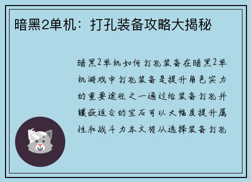暗黑2单机：打孔装备攻略大揭秘